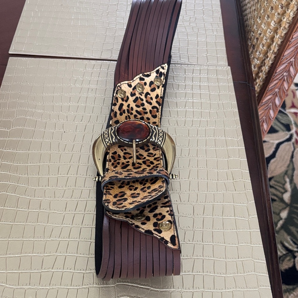 Chico's Leopard and Brown Belt with Ornate Gold Buckle